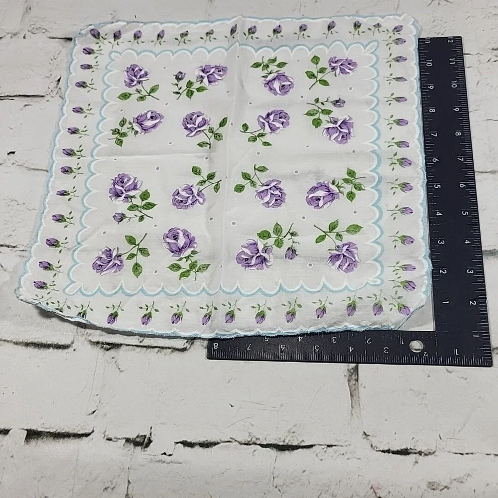 Vintage Handkerchief Hanky Sheer Feminine White Purple Roses Blue Trim